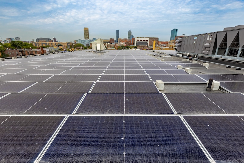 Solar panels on a hospital roof.