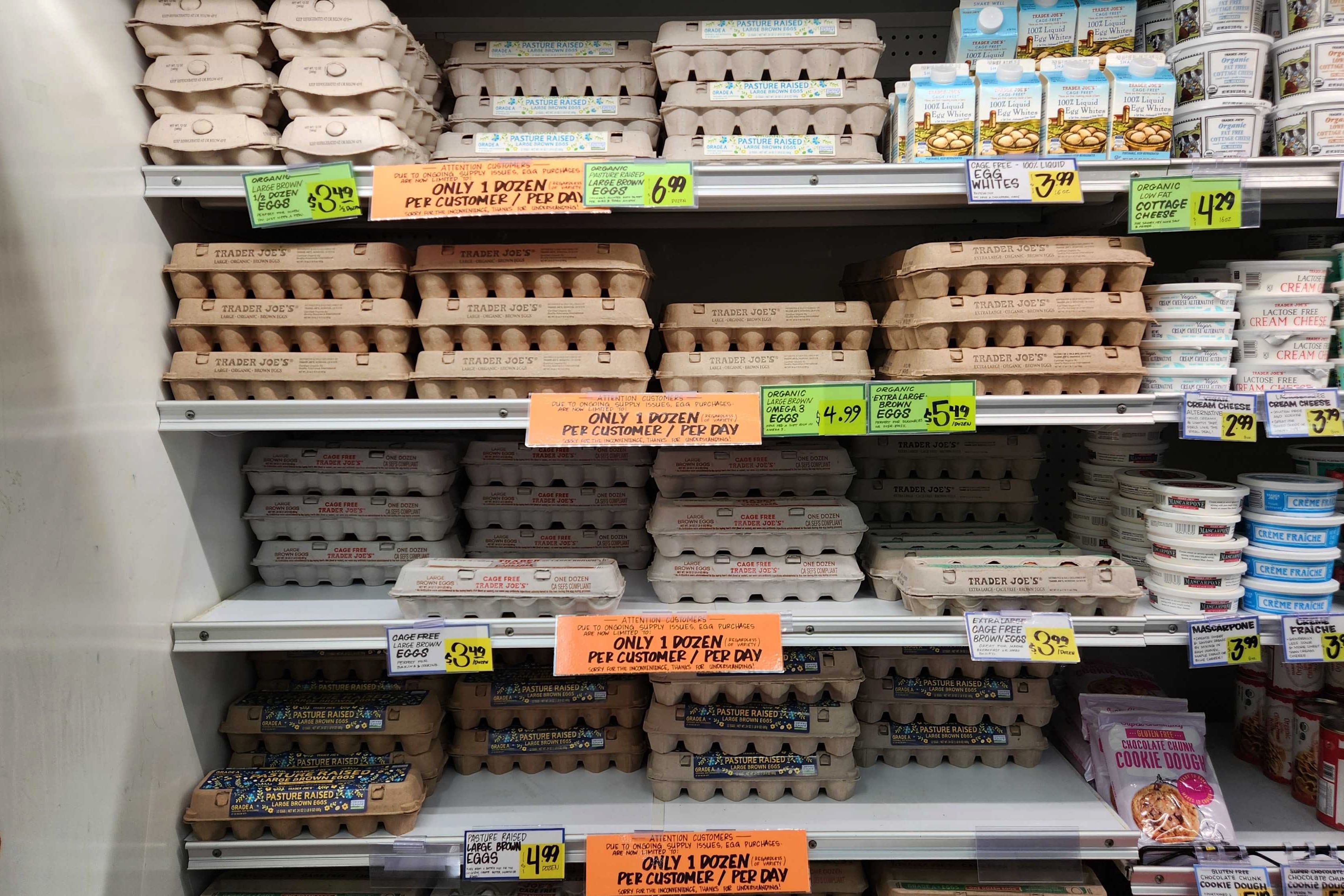 Cartons of eggs are stacked on a grocery store shelf.