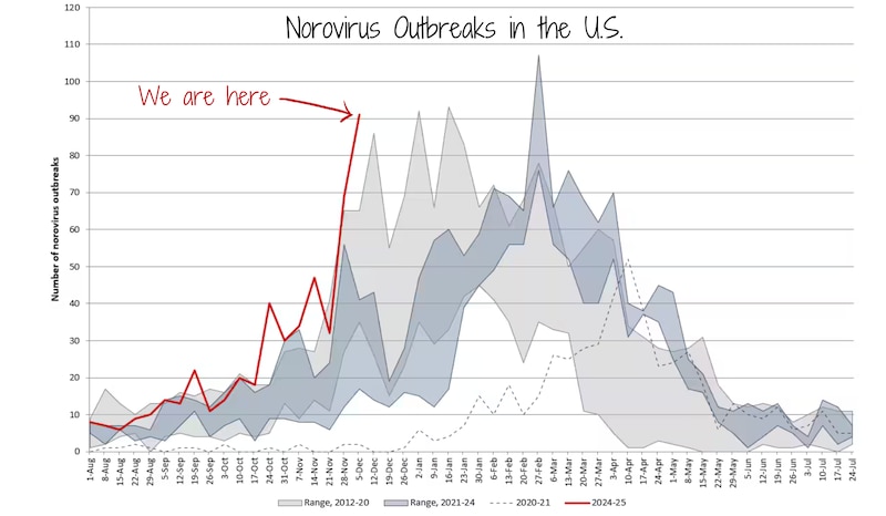 A chart shows norovirus outbreaks in the United States.