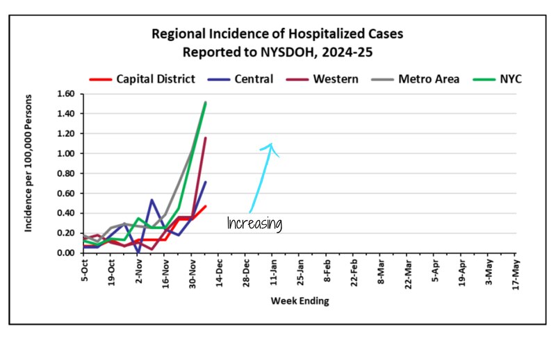 A line graph shows flu hospitalizations in New York.