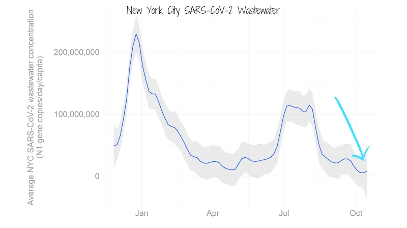A line graph shows New York City average SARS-CoV-2 wastewater concentrations.