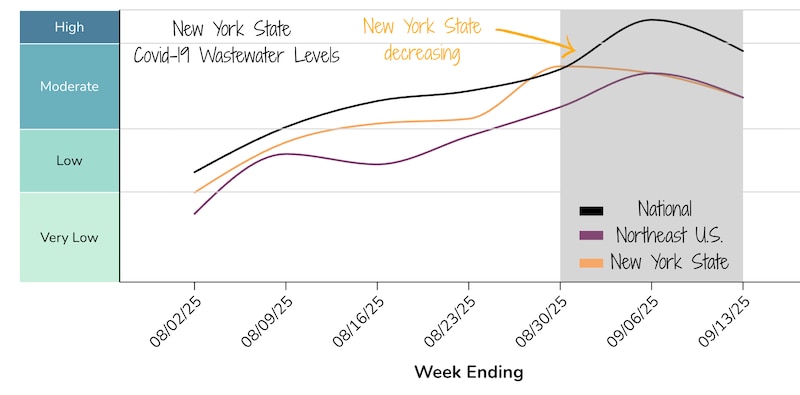 A line graph shows New York state Covid-19 wastewater activity levels.