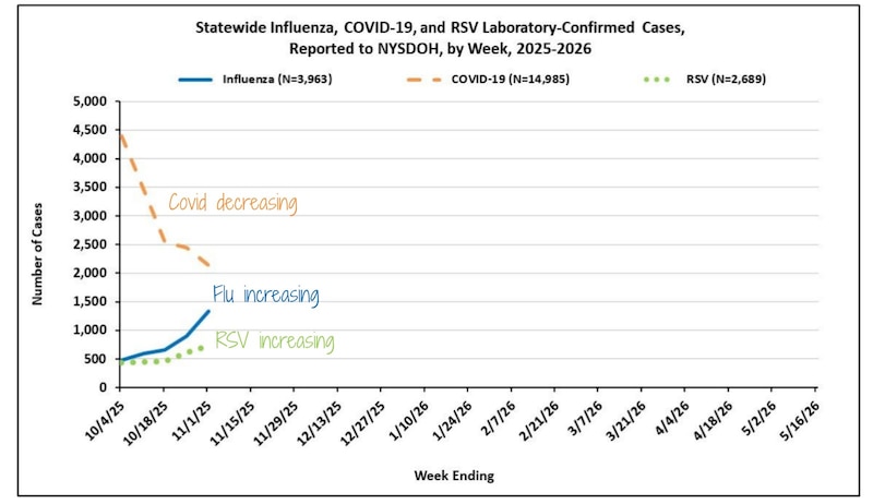 A chart shows cases of respiratory viruses in New York.