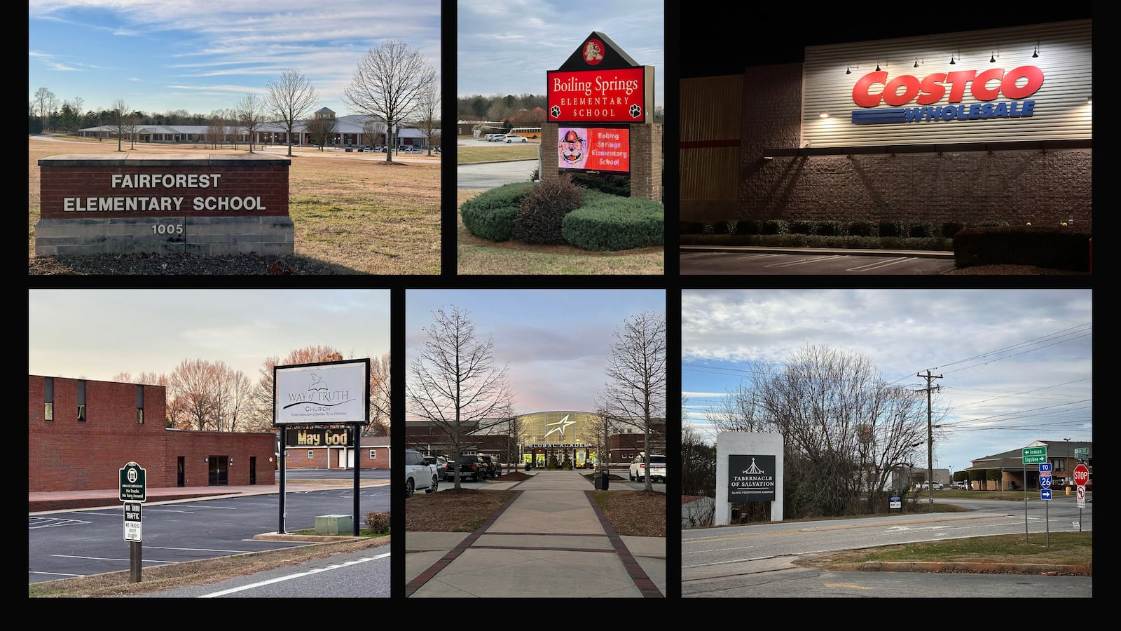 A collage of six images of different buildings on a black background.