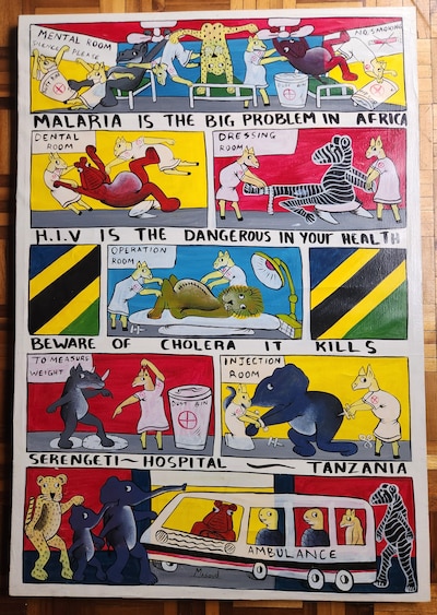A colorful painting shows animals in various medical settings.