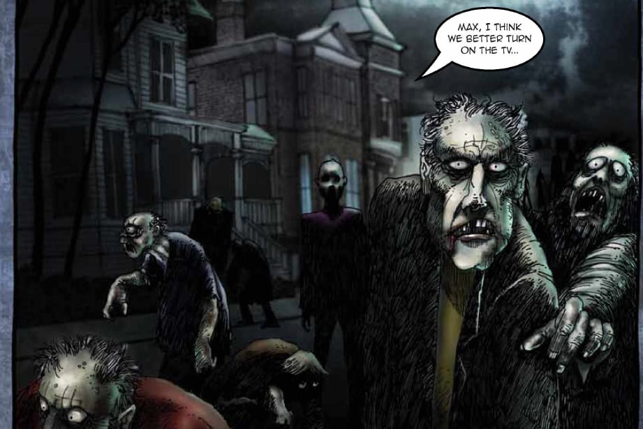 A panel from a graphic novel depicts zombies outside a house.