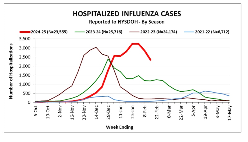 A line graph shows statewide influenza hospitalizations in New York.