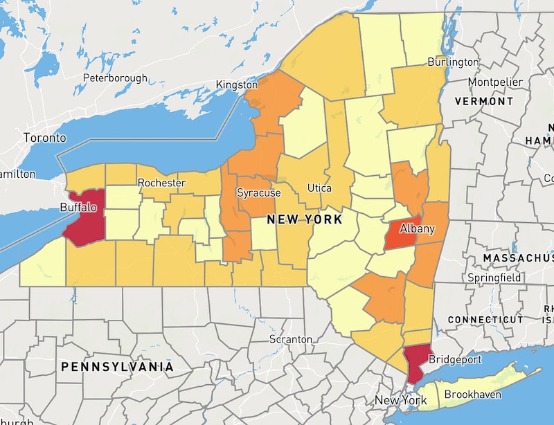 A map shows rabies detection by county in New York for 2024.