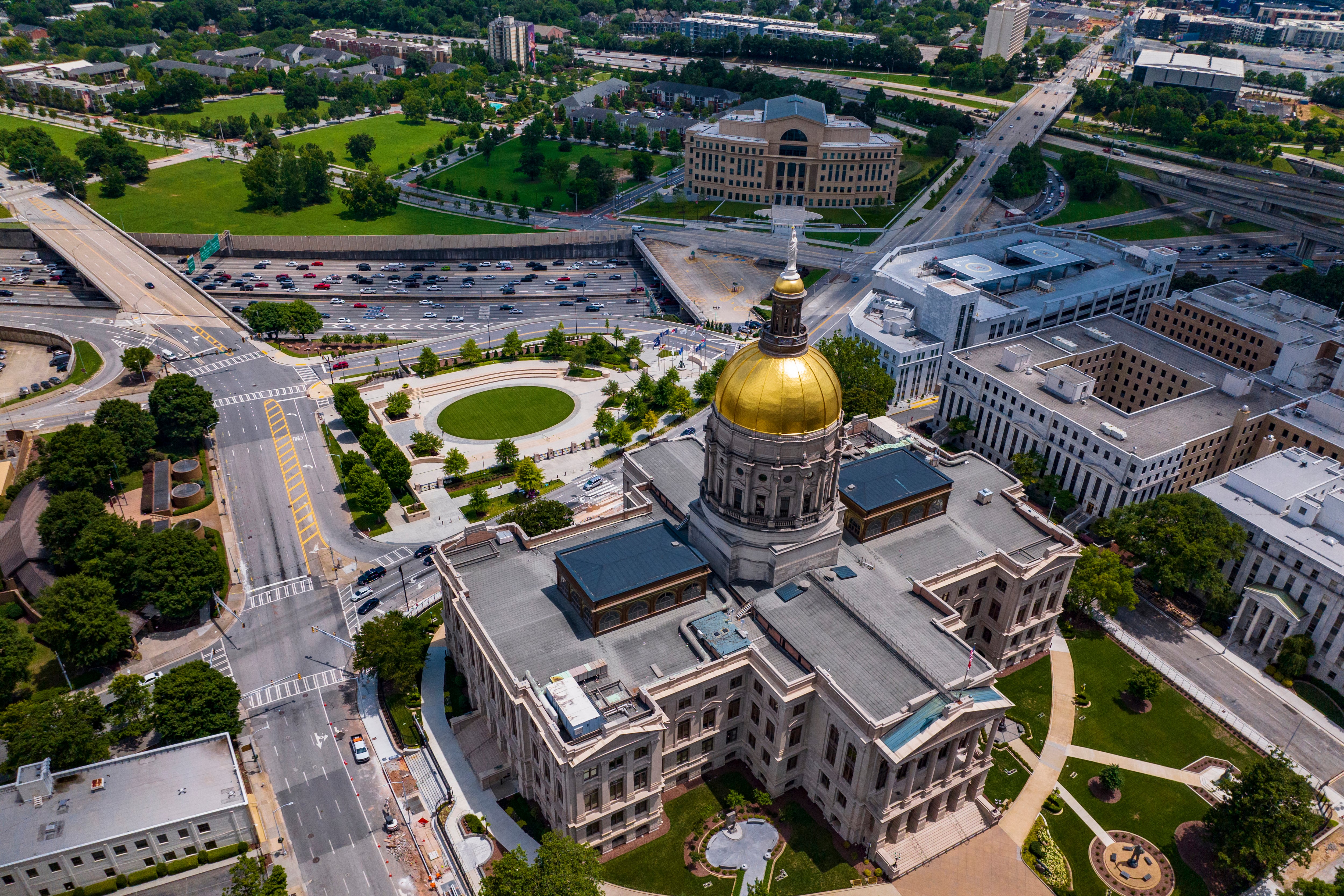 An aerial view of the Georgia state Capitol in Atlanta with its gold dome.