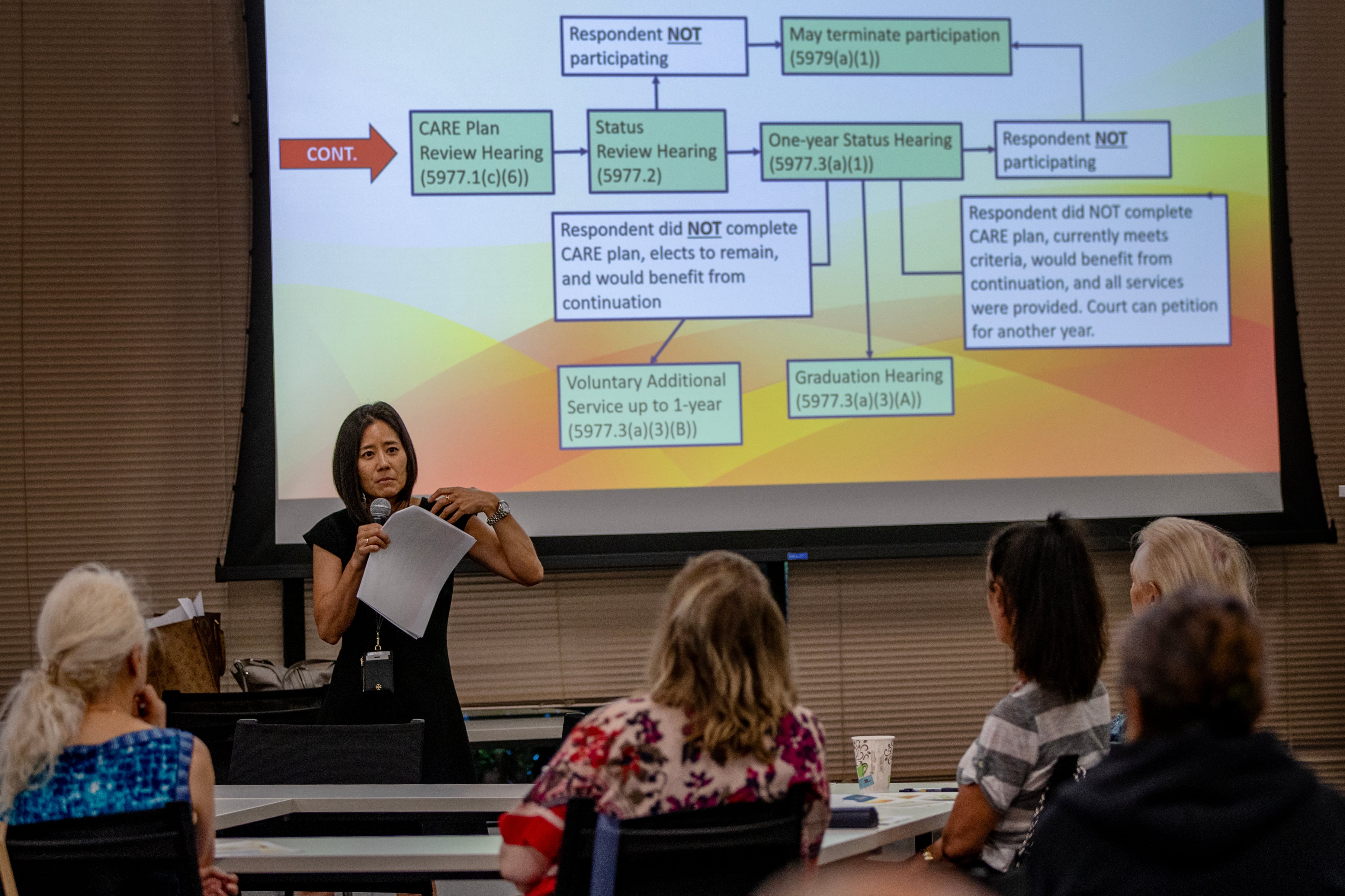 A woman speaks holding a microphone in front of a large projector screen.