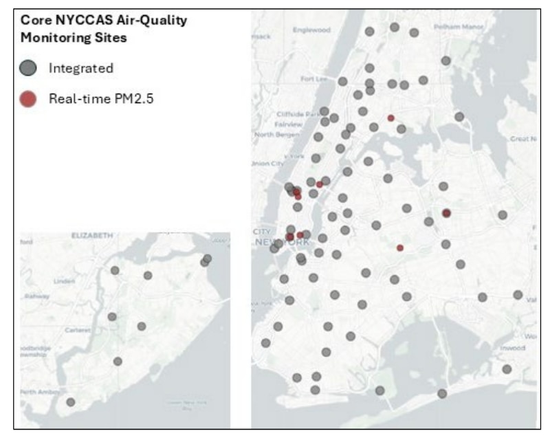 A white and grey map of New York City with colorful dots all around.