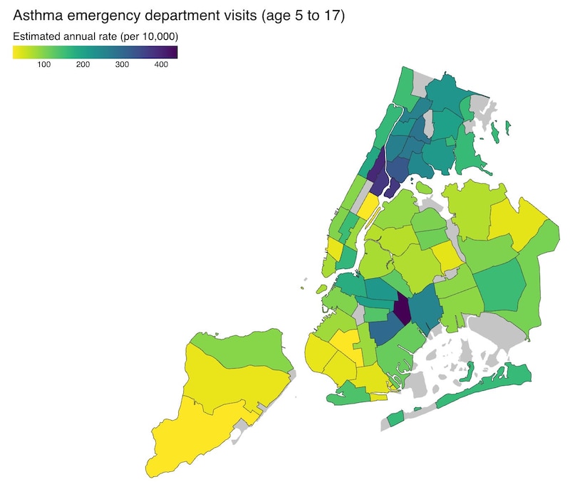 A color-coded map shows New York City asthma emergency department visits (ages 5-17) in 2023 by community district.