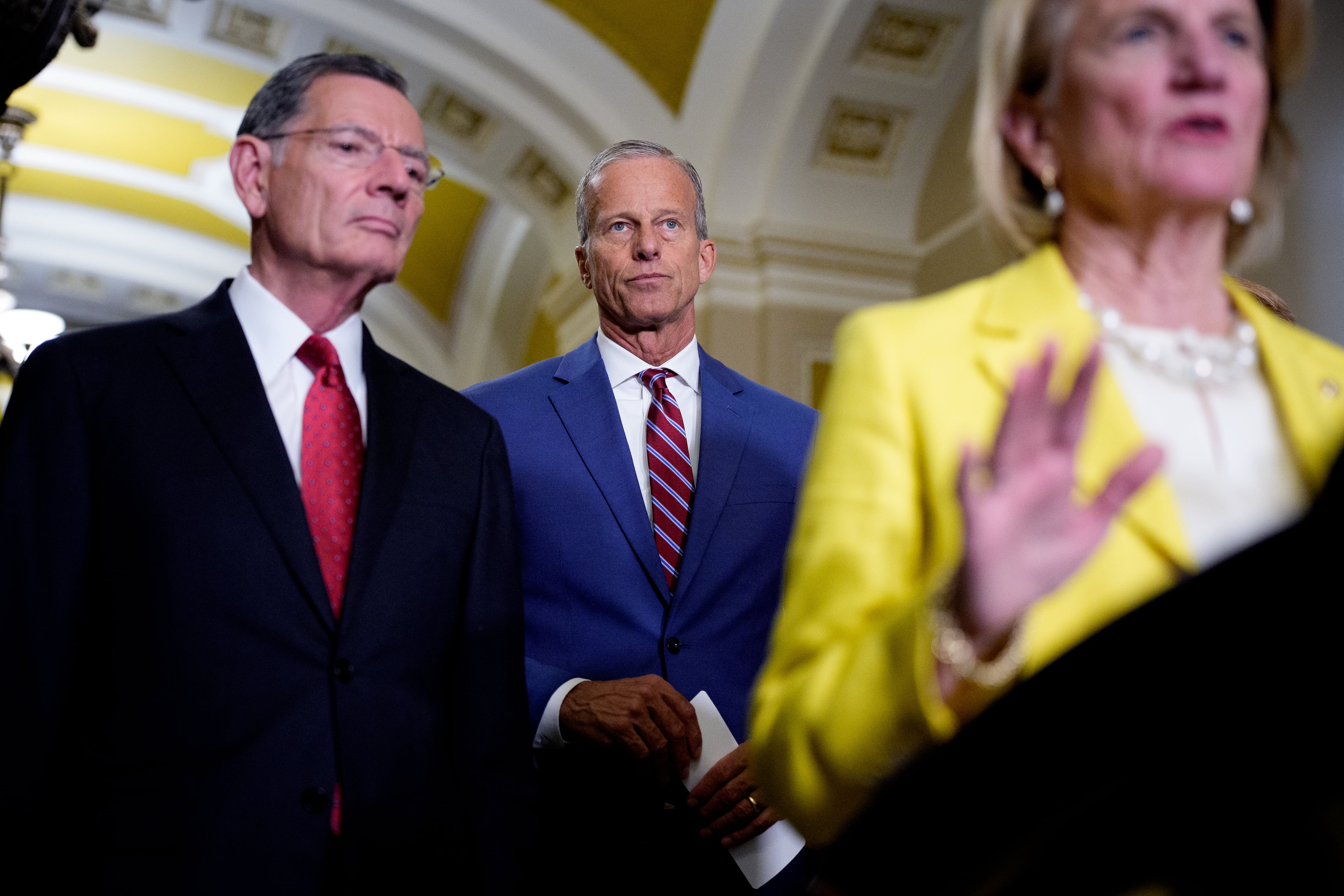 Sens. Shelley Moore Capito, John Barrasso and John Thune speak to reporters at the U.S. Capitol.