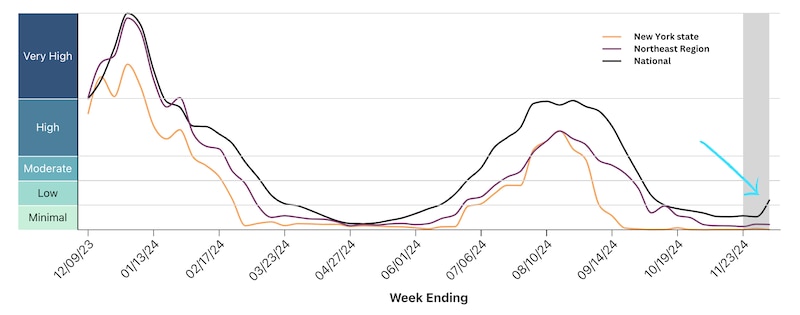 A line graph shows Covid concentrations in New York, compared to nationwide.