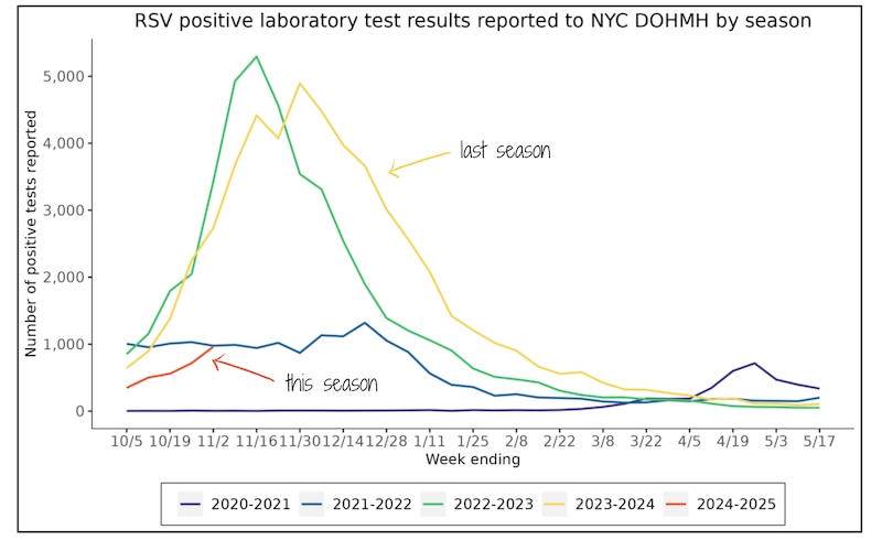 A line graph shows New York City RSV testing data.