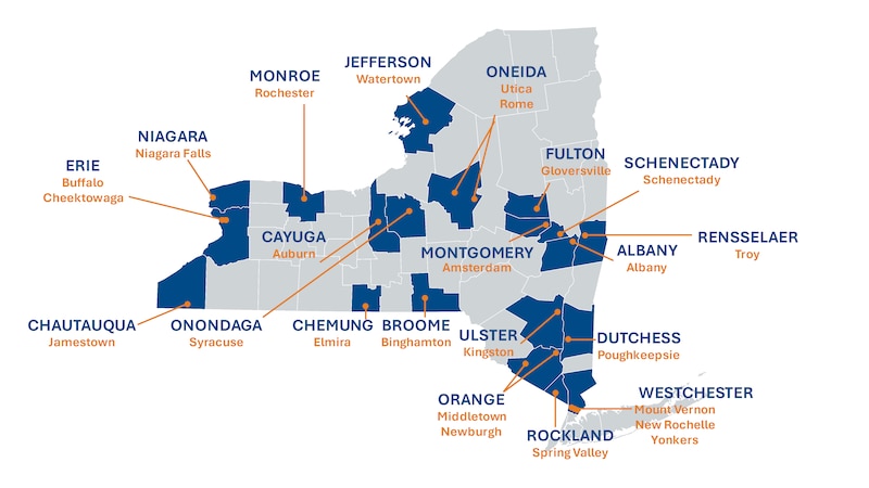 A shows the New York State Lead Rental Registry Program for rental units in 25 communities of concern.