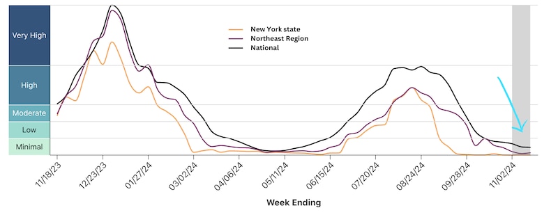 A line graph shows SARS-CoV-2 concentrations in New York are minimal and declining.