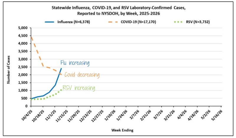 A graph shows cases of respiratory viruses in New York.