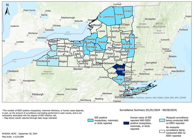 A color-coded map shows New York counties that have detected Eastern Equine Encephalitis in mosquitoes.