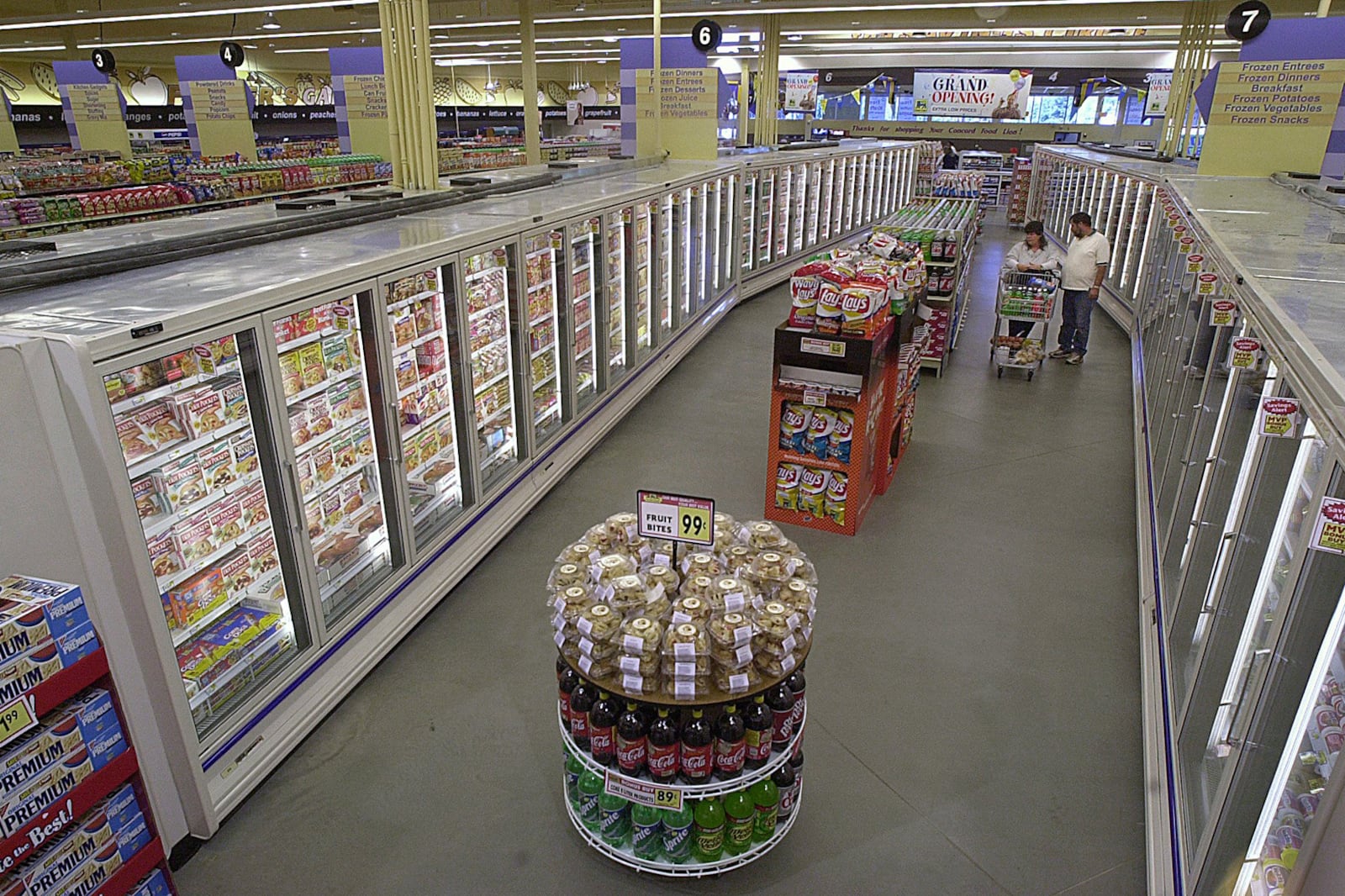A frozen food aisle in a grocery store.