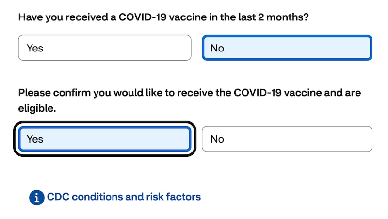 A screenshot shows where a drugstore registration site asks about eligibility for a vaccine.