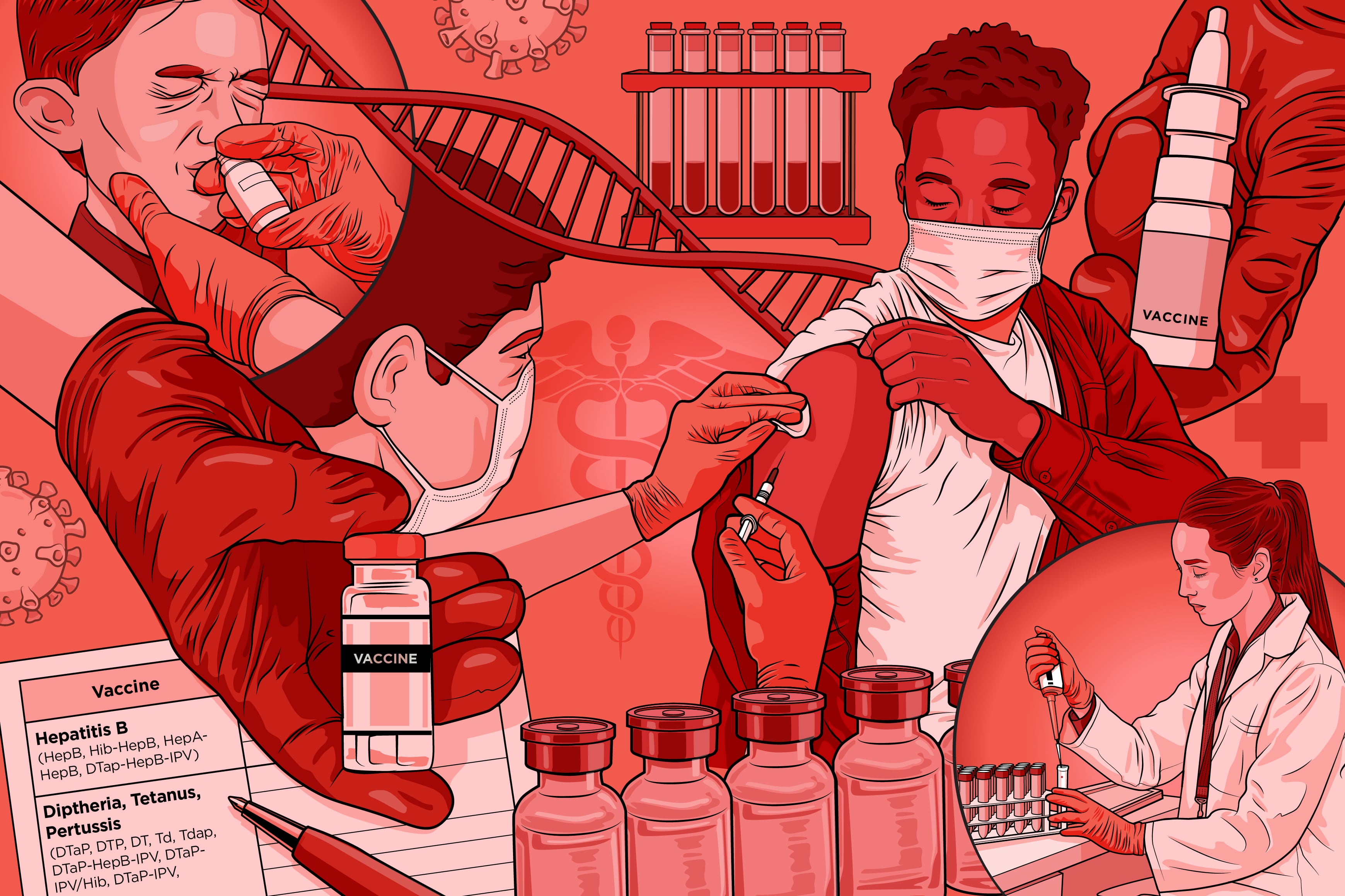 An illustration using different shades of red show different vaccine vials, a person receiving a vaccine and a child receiving a nostril vaccine.