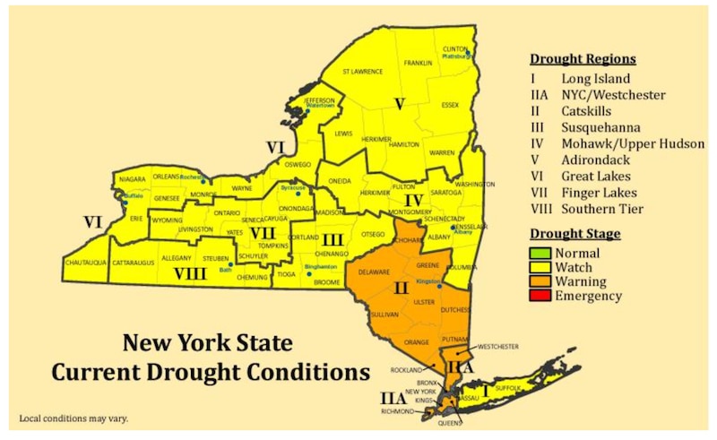 A color-coded map shows current drought conditions in New York state.