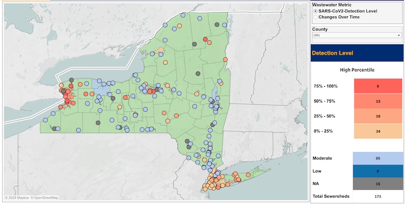 A map of New York state shows wastewater monitoring sites.