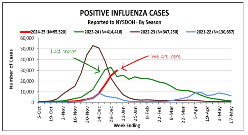 A line chart shows influenza hospitalizations in New York state.