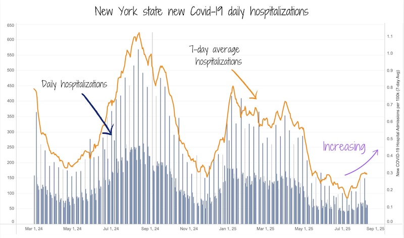 A chart shows New York state Covid-19 hospitalizations.