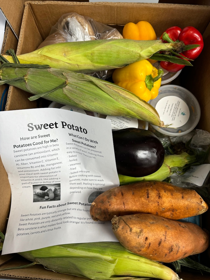 A cardboard box full of produce including three ears of corn, two sweet potatoes, bell peppers and a white piece of paper with black text.