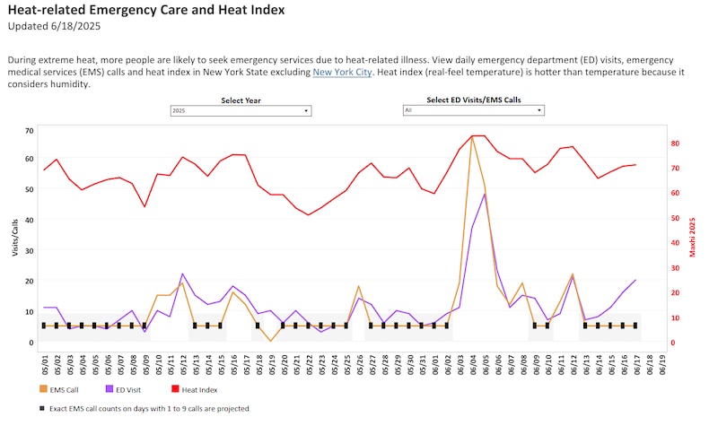 A line graph shows emergency department visits for heat-related illness in New York state this year.
