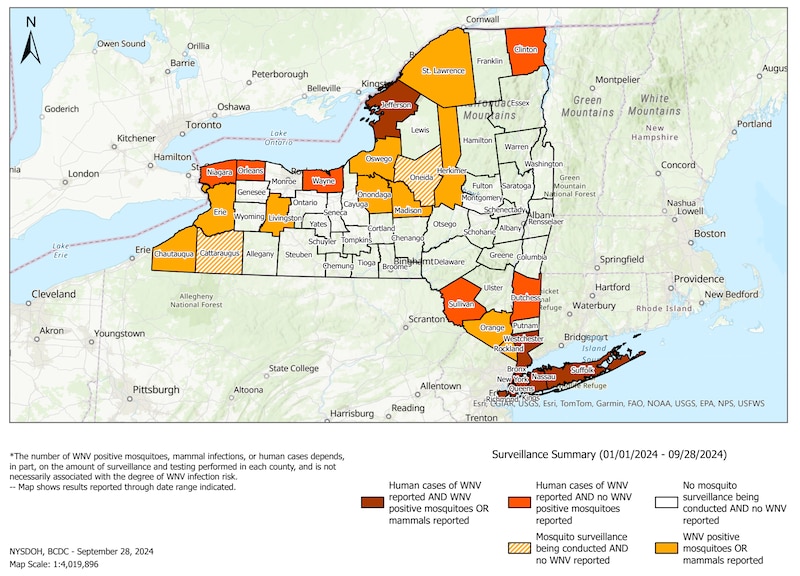 A color-coded map shows where in New York humans, mosquitoes, horses, or birds have tested positive for West Nile virus.