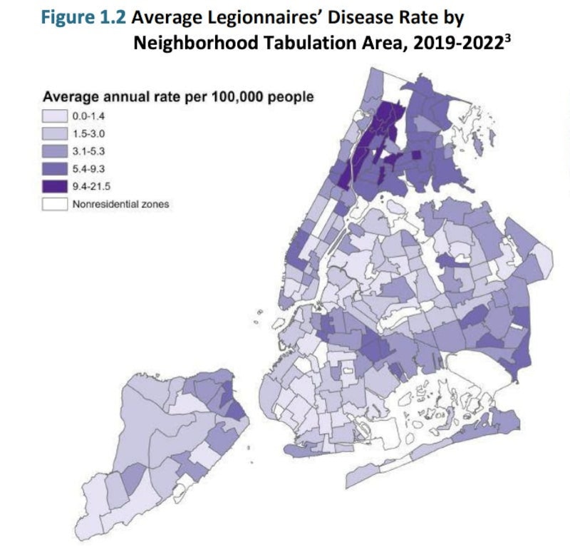A map shows average Legionnaires' disease rate by neighborhood in New York.