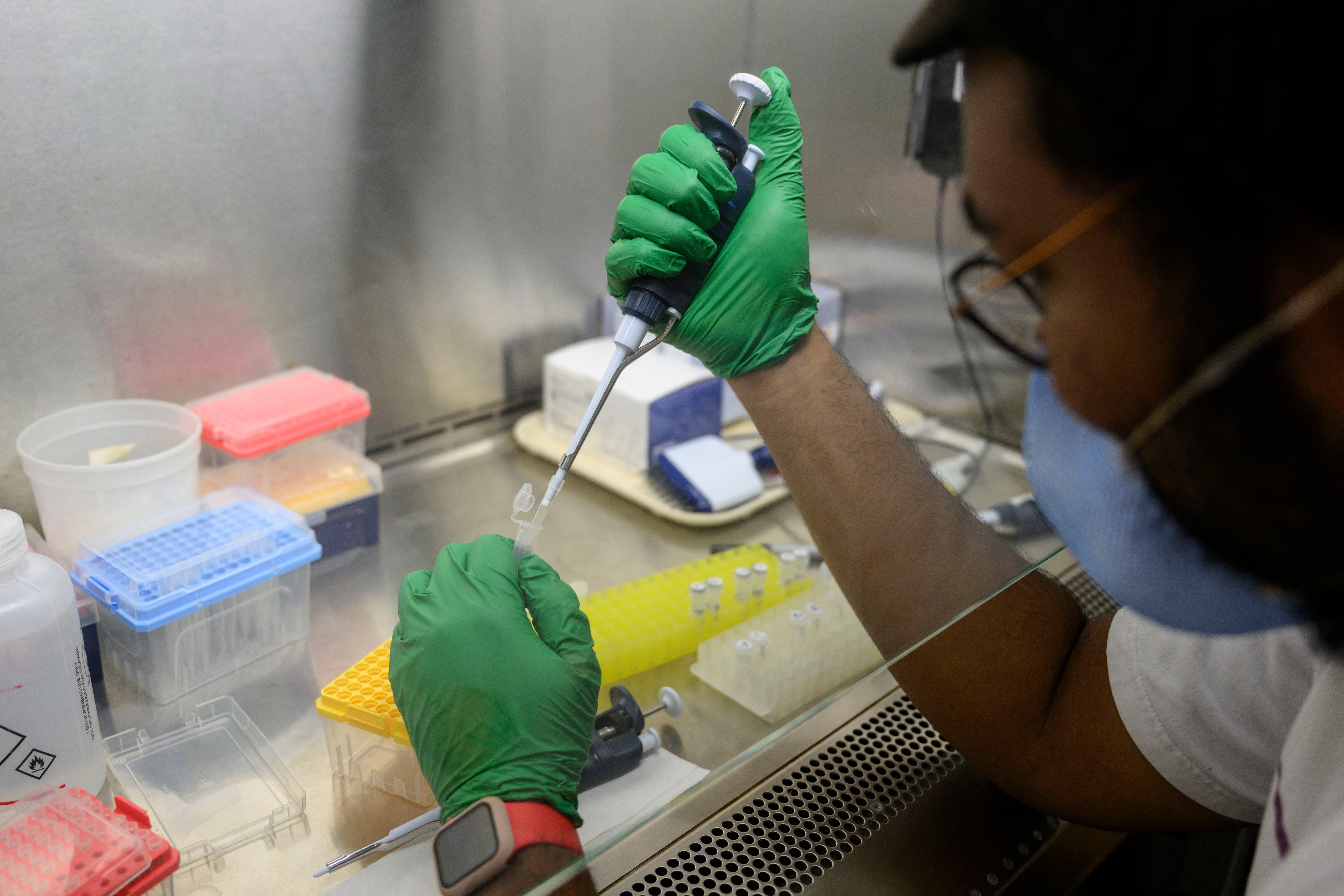A researcher prepares a PCR reaction for polio at a lab.