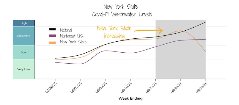 A line graph shows New York state Covid-19 wastewater activity levels.