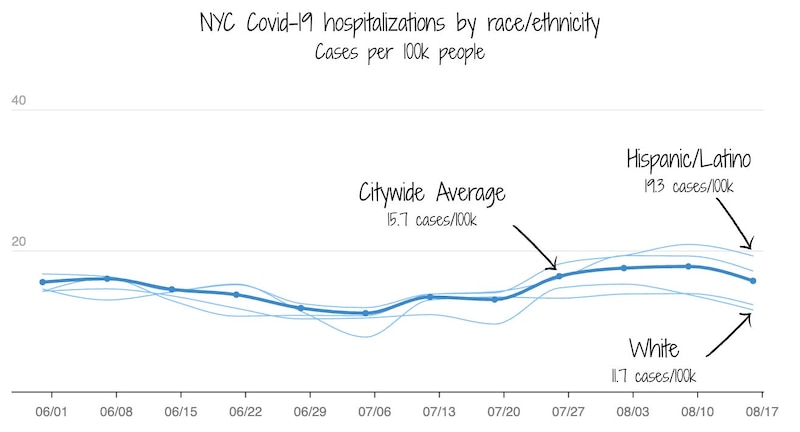 A line chart shows Covid hospitalizations across race and ethnicity groups in New York City.