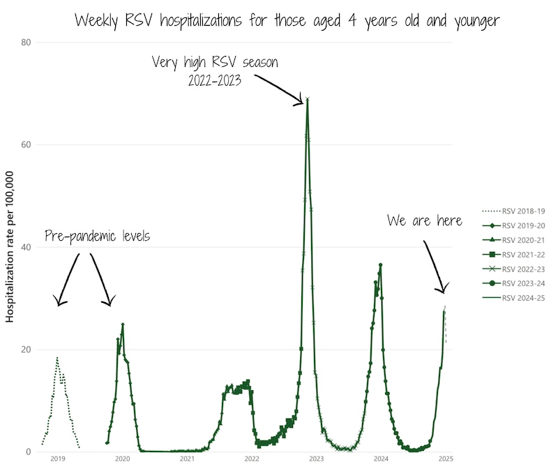 A chart shows the national RSV hospitalization rates for people 4 years of age and younger.