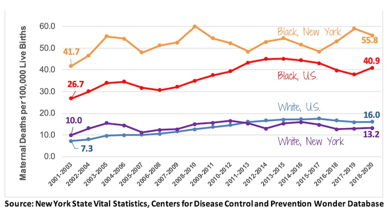 A line chart shows annual maternal mortality for Black and white women.