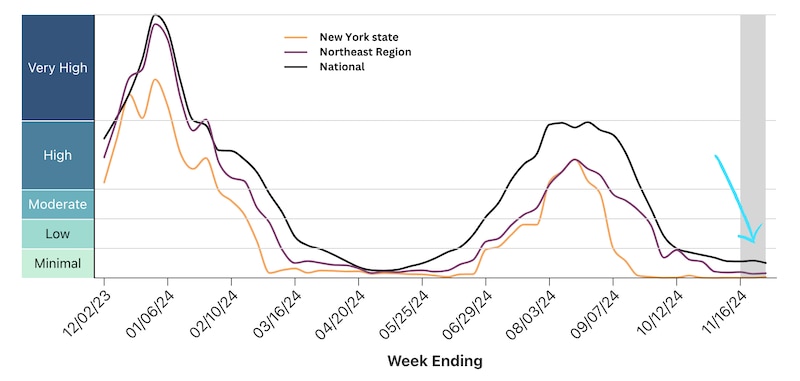 A line graph shows SARS-CoV-2 concentrations in New York are minimal and declining.