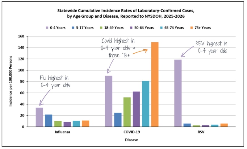 A chart shows respiratory virus cases by age group across New York state.