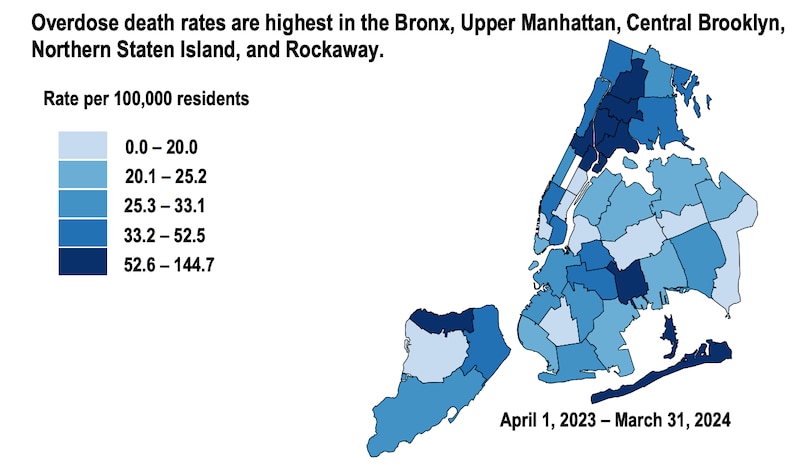 A color gradient map showing overdose deaths in parts of New York City.