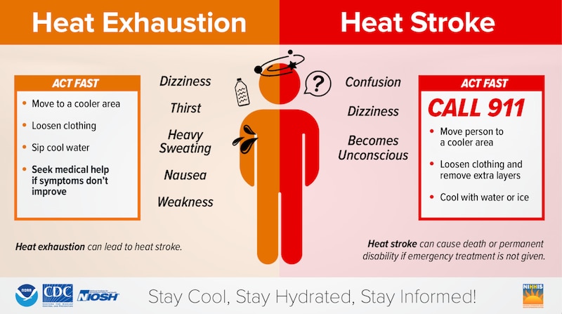 As graphic illustrates the symptoms of heat exhaustion and heat stroke.
