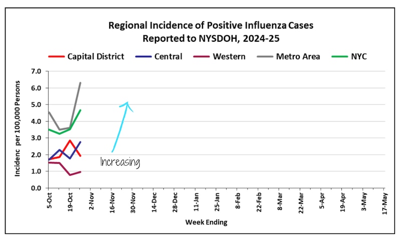 A graphic shows increasing number of influenza cases.
