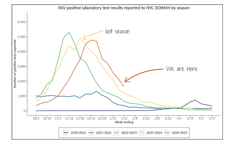 A line graph shows New York City RSV testing data.