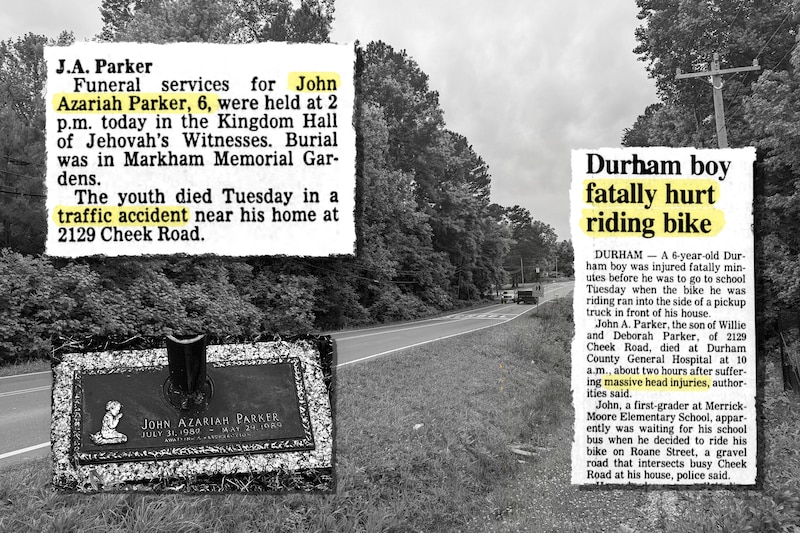 A photo illustration shows clippings of a newspaper obituary and news story about the death of John Parker overlaid on a photo of a road as well as a photo of his grave stone.