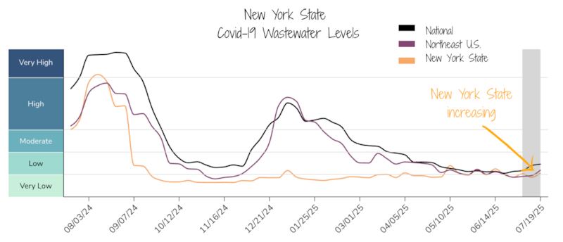 A line graph shows the concentration of Covid-19 in wastewater in New York state.