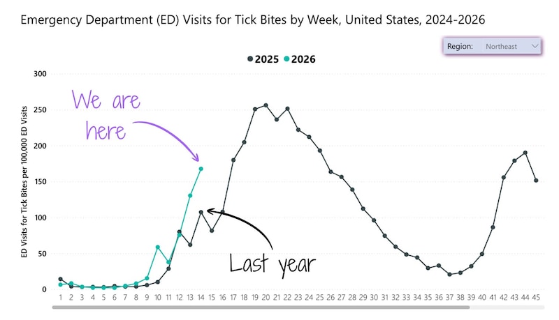 A chart shows emergency department visits for tick bites in the Northeast.