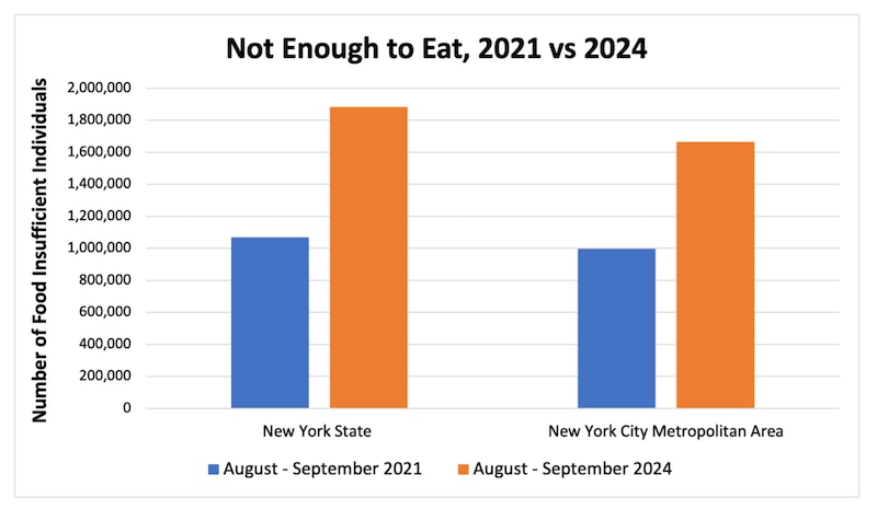 A bar chart shows food insufficiency in New York state and New York city in 2021 vs. 2024.