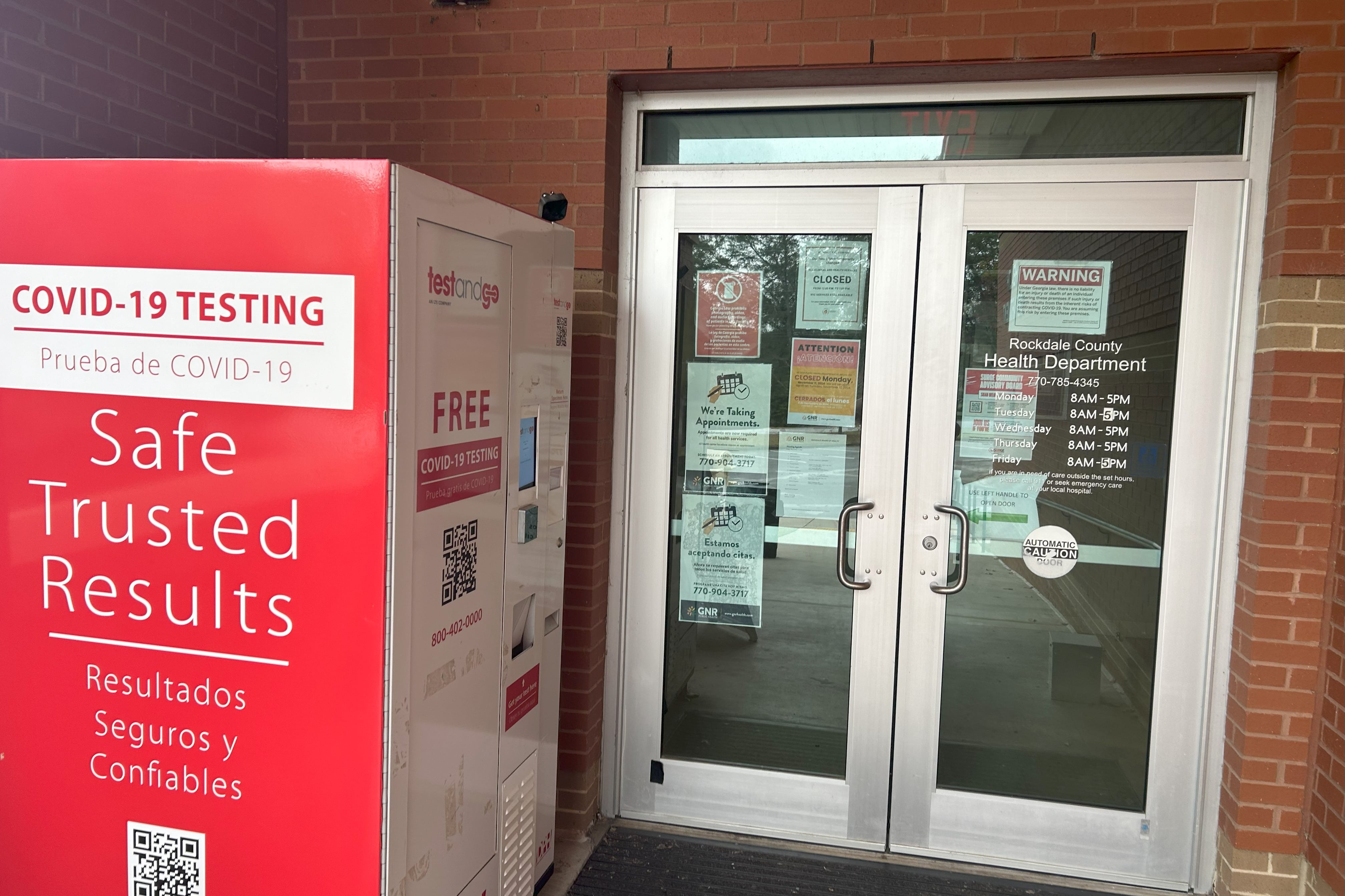 A red kiosk offers self-serve Covid testing outside the Rockdale County Health Department in Georgia.
